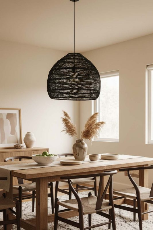 Dining Room Black Rattan Cage Pendant Light - Warm & Welcoming