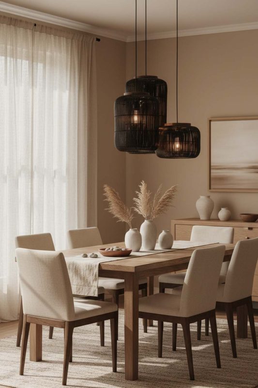 Dining Room Black Rattan Capsule Pendant Light - Perfect Gathering Space