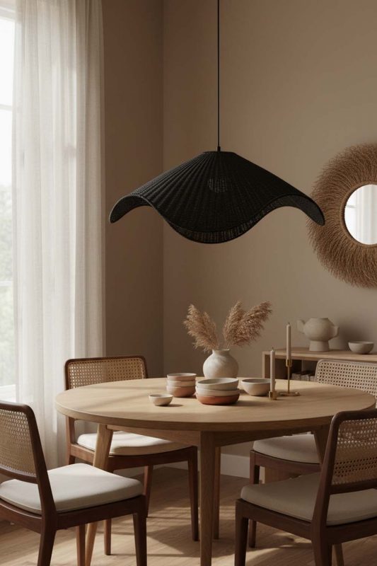 Dining Room Black Rattan Wave Pendant Light - Cozy Dinner Vibes