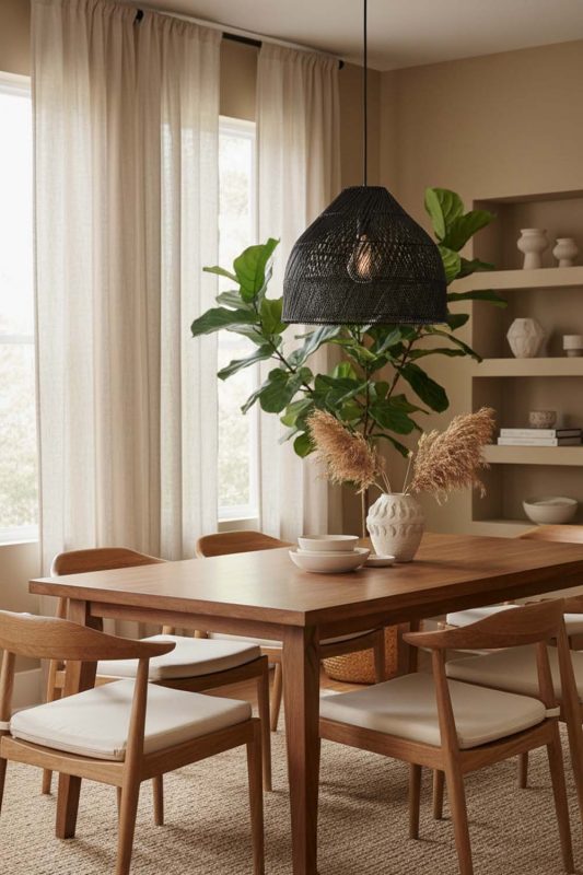Dining Room Black Rattan Wide Dome Fixture - Elegant Dining Ambience