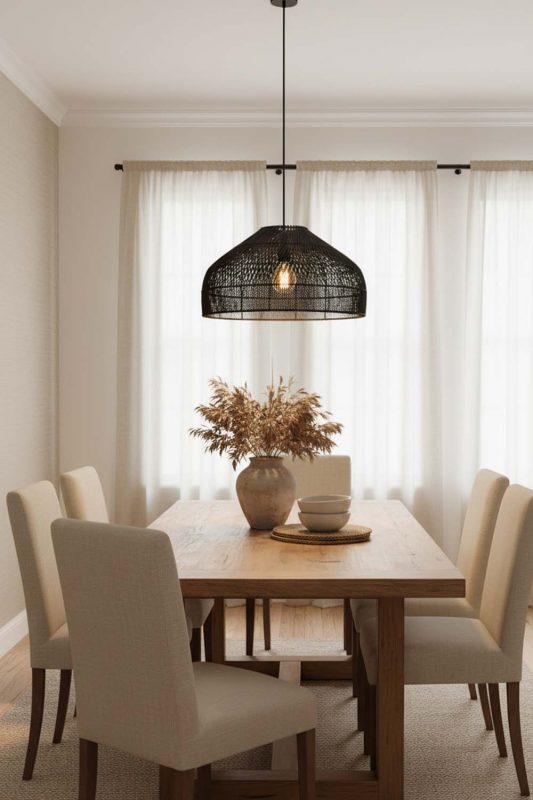 Dining Room Black Rattan Wide Dome Pendant Light - Elegant Dining Ambience