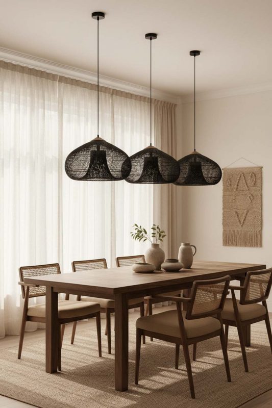 Dining Room Black Vintage Wood Rattan Pendant Light - Cozy Dinner Vibes