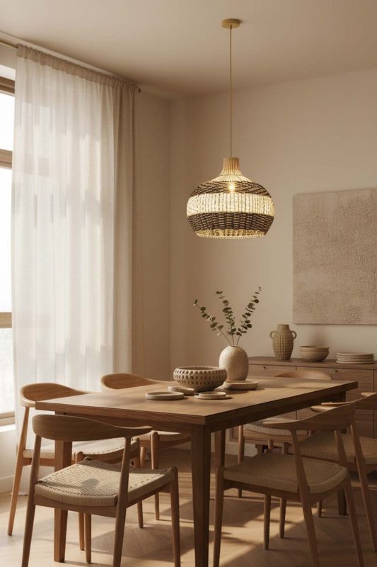 Dining Room Black White Round Rattan Pendant - Warm & Welcoming