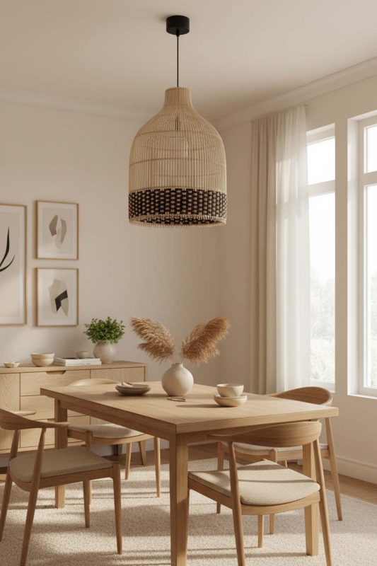 Dining Room Bottom Dark Brown Wicker Bell Pendant Light - Cozy Dinner Vibes
