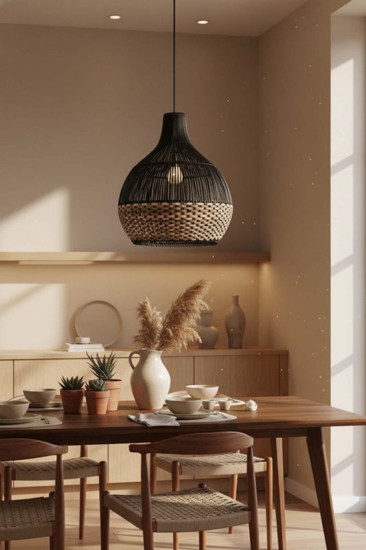Dining Room Bottom Tan Brown Rattan Light Black Body - Cozy Dinner Vibes