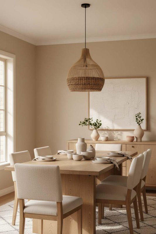 Dining Room Bottom Tan Brown Rattan Pendant Light - Elegant Dining Ambience
