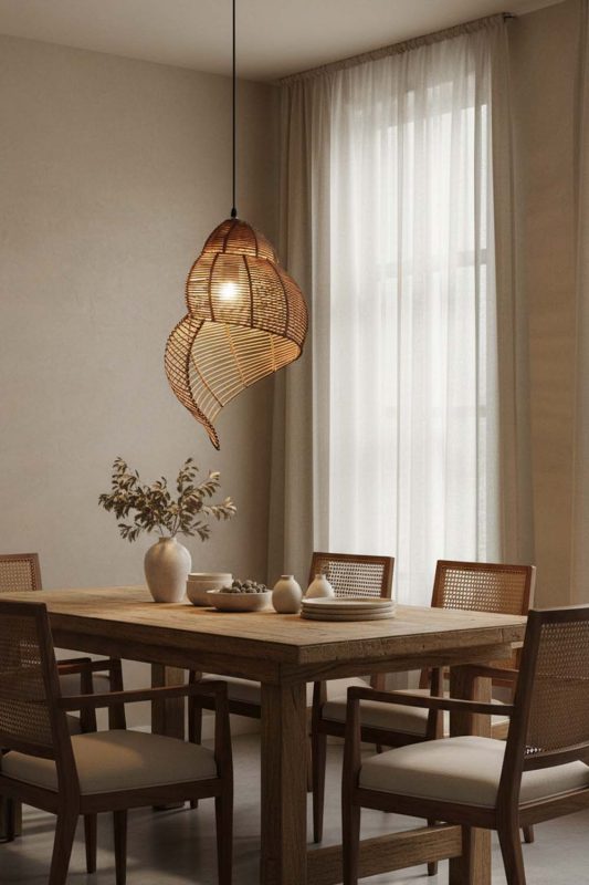Dining Room Brown Rattan Spiral Pendant Light - Perfect Gathering Space