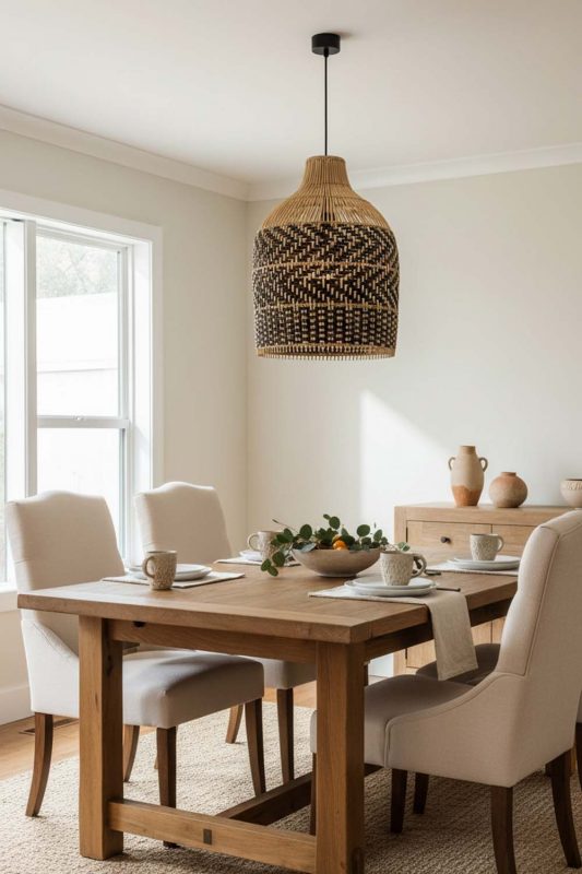 Dining Room Dark Brown Rattan Bell Pendant Light - Elegant Dining Ambience