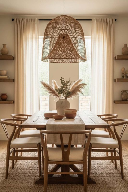 Dining Room Double Layer Rattan Cage Pendant - Elegant Dining Ambience