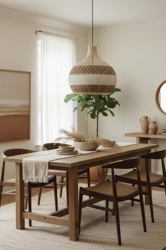 Dining Room Light Brown White Rattan Pendant Light - Elegant Dining Ambience
