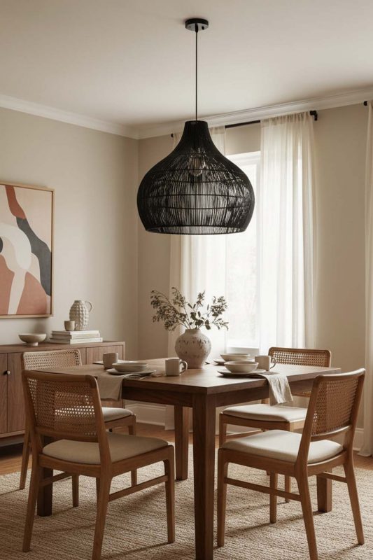 Dining Room Simple Black Rattan Pendant Light - Elegant Dining Ambience