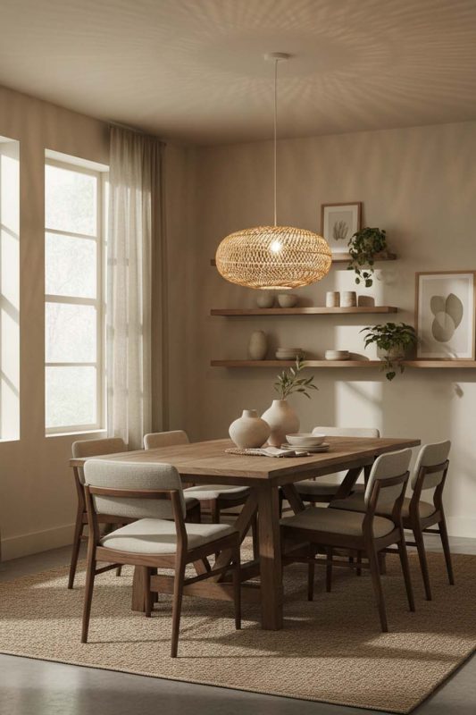 Dining Room Sophisticated Rattan Round Pendant - Elegant Dining Ambience