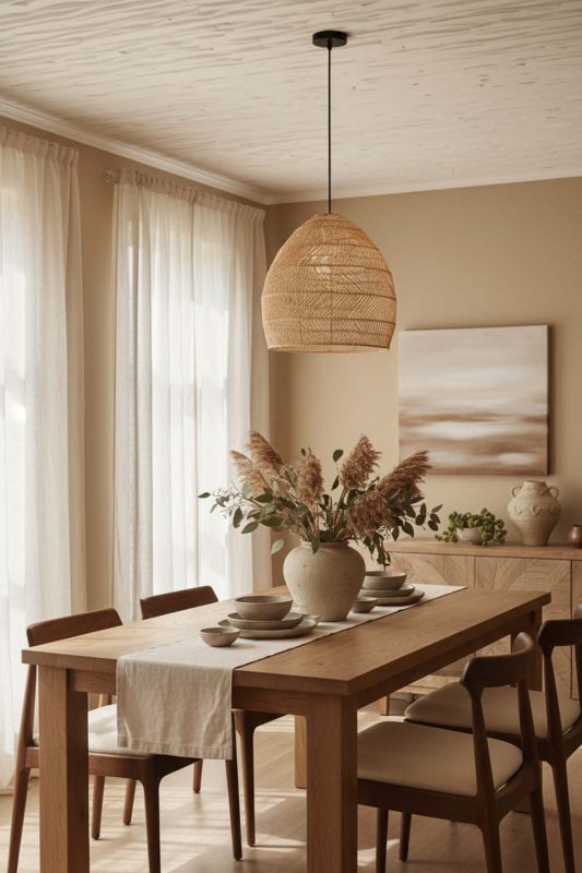 Dining Room Wicker Basket Pendant Light Beige Color - Cozy Dinner Vibes