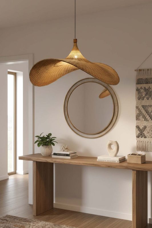 Entryway Rattan Straw Hat Pendant Light - Stylish & Inviting