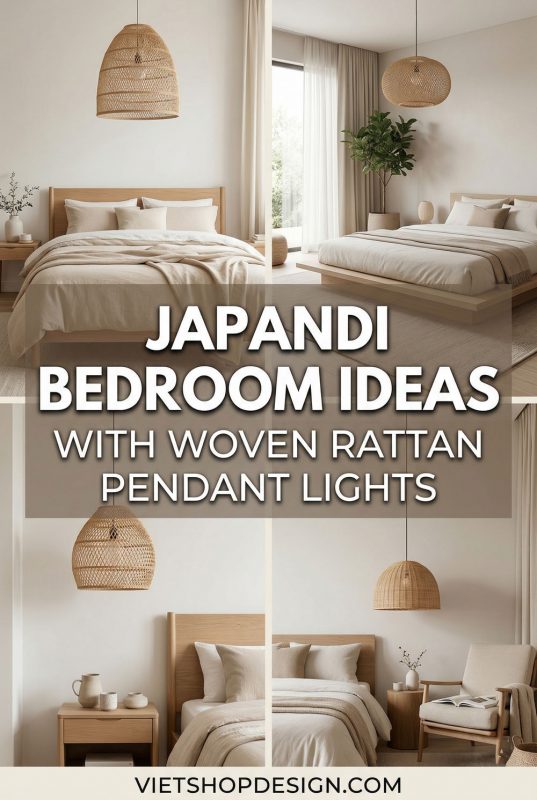 Japandi Bedroom Ideas With Woven Rattan Pendant Lights