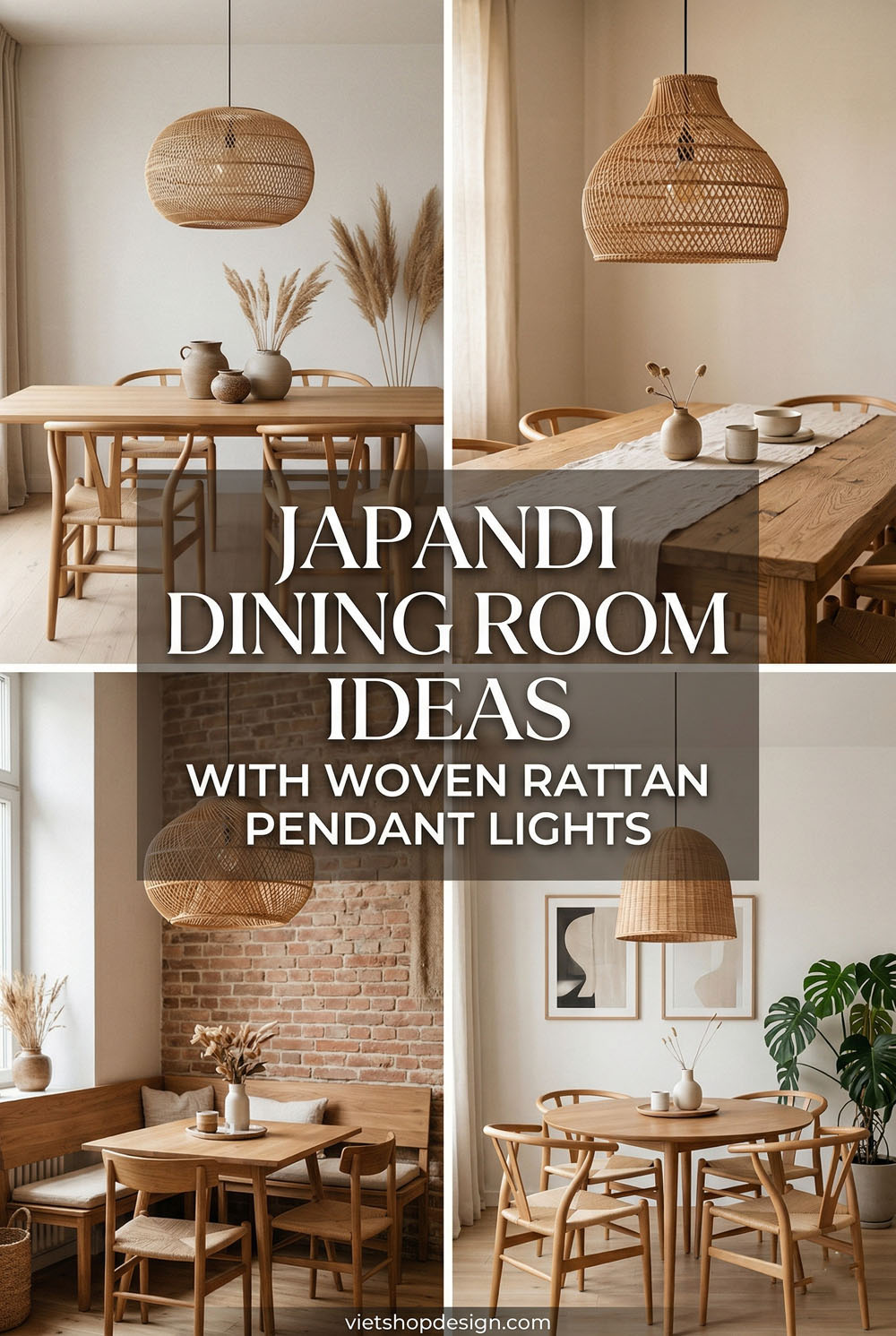 Japandi Dining Room Ideas with Woven Rattan Pendant Lights
