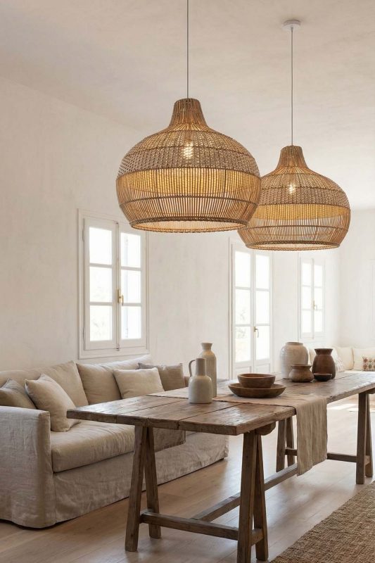 Japandi Dining Room Double Woven Rattan Pendant Lights