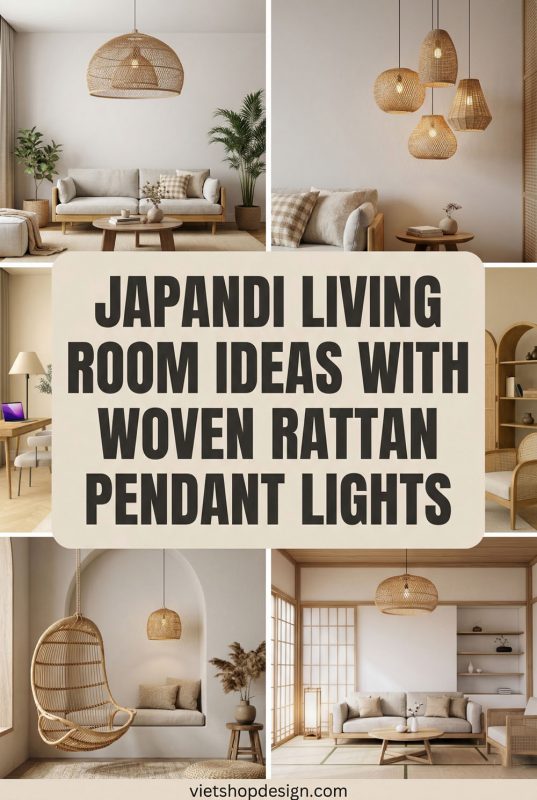 Japandi Living Room Ideas With Woven Rattan Pendant Lights