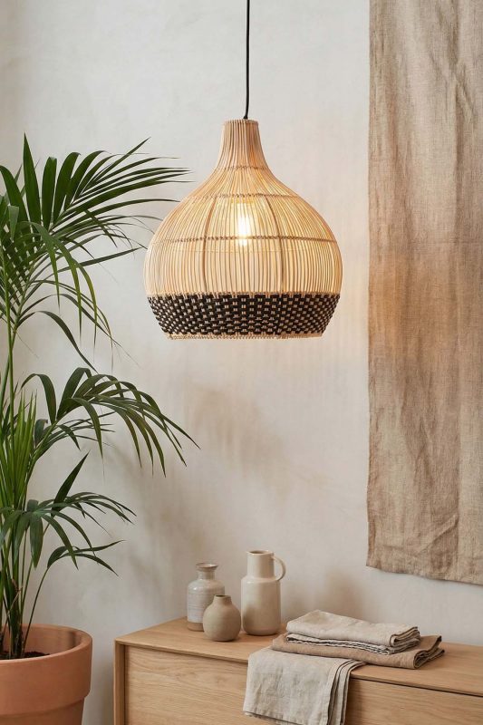 Japandi Bedroom Black And Natural Woven Rattan Pendant Light Neutral Decor