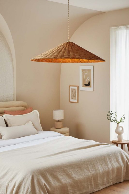 Japandi Bedroom Conical Woven Rattan Pendant Light Warm Neutral Decor