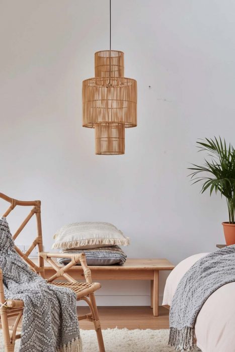 Japandi Bedroom Geometric Woven Rattan Pendant Light Soft Natural Interior