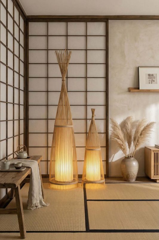Japandi Bedroom Layered Woven Rattan Floor Lamps Tatami Style Interior
