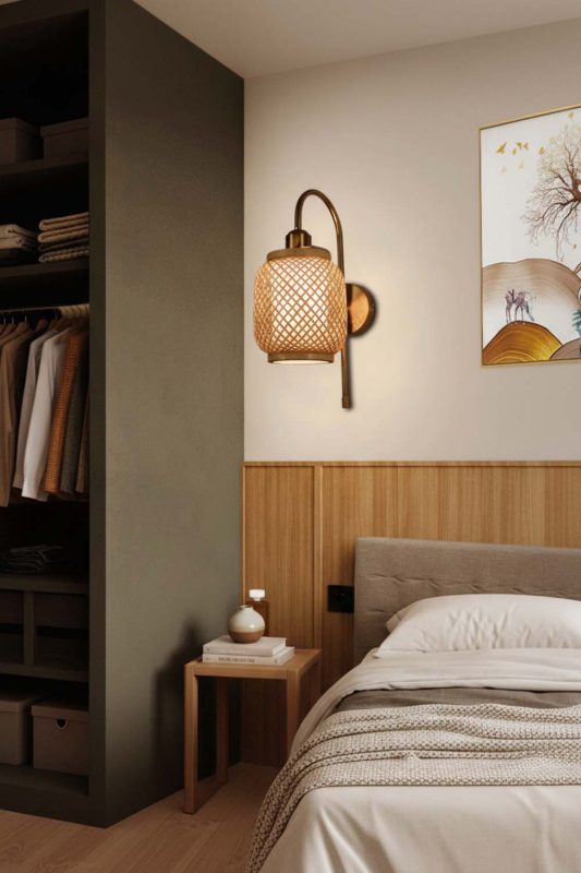 Japandi Bedroom Woven Rattan Wall Sconce Minimalist Wood Accent Interior