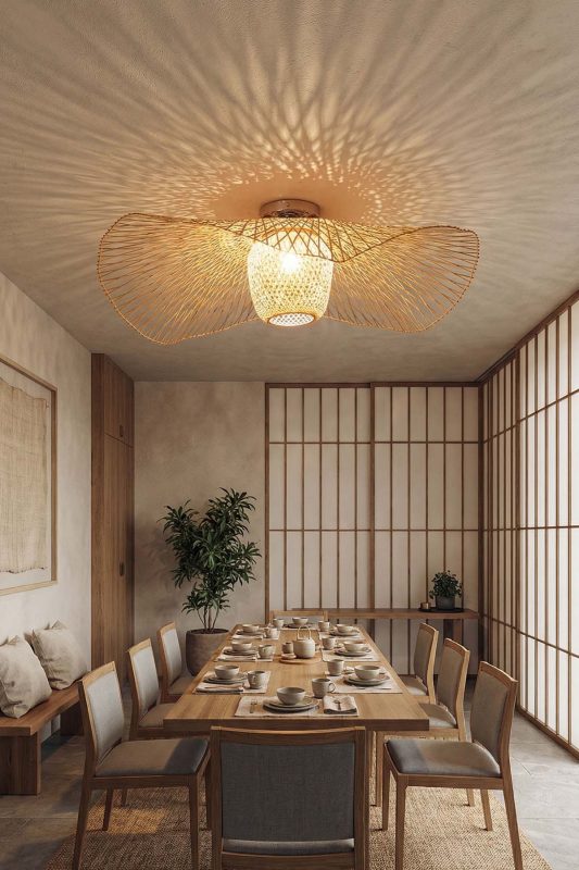 Japandi Dining Room Artistic Woven Rattan Ceiling Light Warm Neutral Decor
