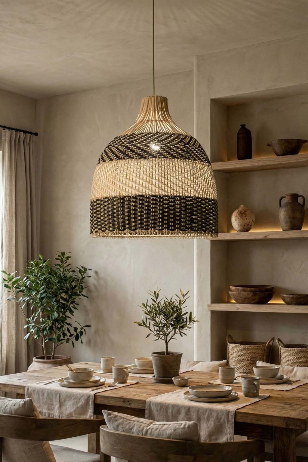 japandi-dining-room-ideas-with-woven-rattan-pendant-lights