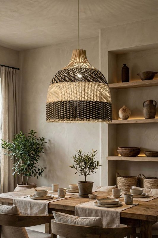 Japandi Dining Room Black And Natural Woven Rattan Pendant Light