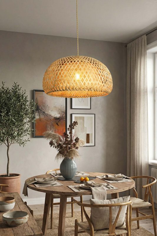 Japandi Dining Room Dome Woven Bamboo Pendant Light Warm Neutral Interior
