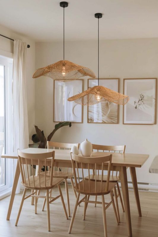 Japandi Dining Room Double Petal Rattan Pendant Lights Bright Neutral Decor