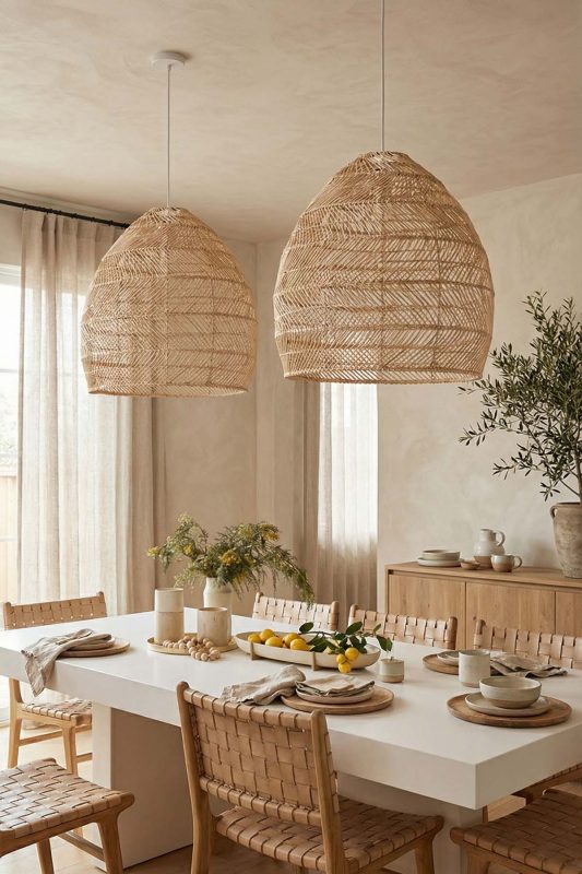 Japandi Dining Room Double Woven Rattan Pendant Lights Neutral Interior