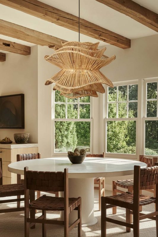 Japandi Dining Room Layered Wooden Pendant Light Exposed Beam Ceiling