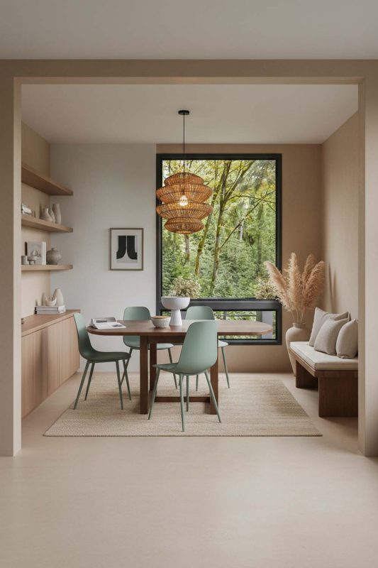 Japandi Dining Room Layered Woven Rattan Pendant Light Neutral Bright Interior