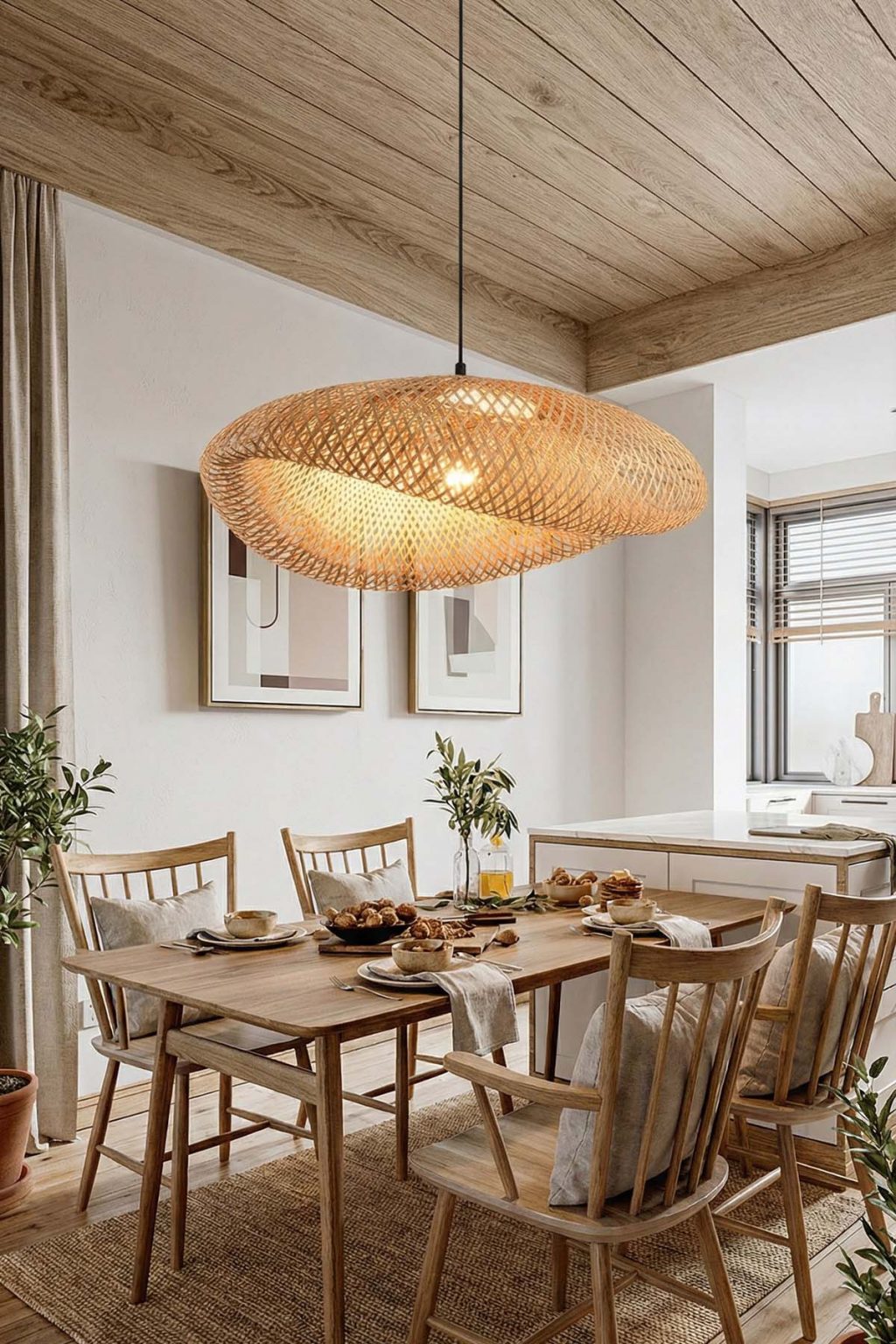Japandi Dining Room Ideas with Woven Rattan Pendant Lights