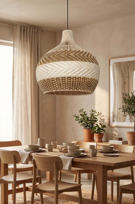 Japandi Dining Room Oversized Natural Woven Rattan Pendant Light Warm Decor