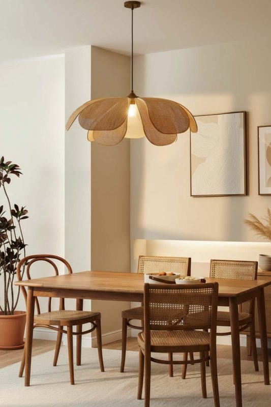 Japandi Dining Room Petal Wooden Pendant Light Warm Natural Interior