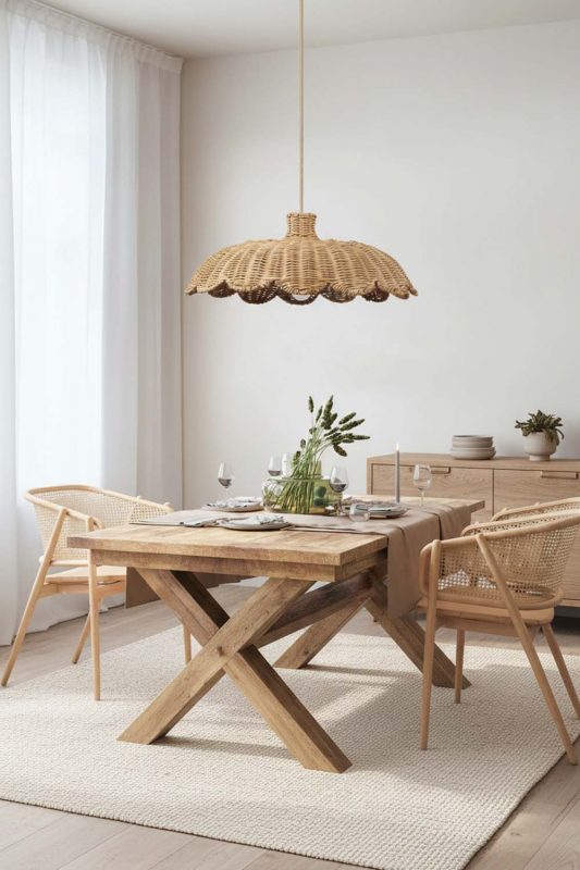 Japandi Dining Room Scalloped Woven Rattan Pendant Light Natural Wood Table