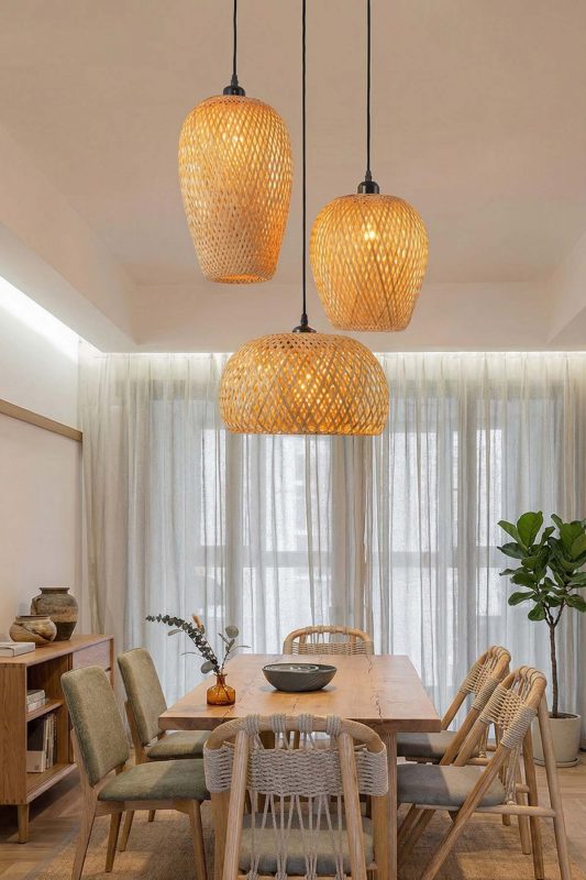 Japandi Dining Room Triple Woven Bamboo Pendant Lights Wooden Table Interior