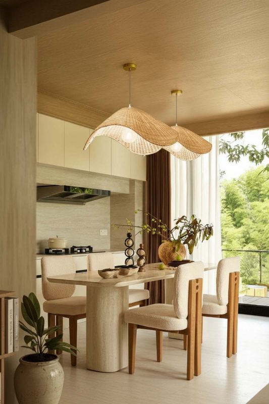 Japandi Dining Room Wave Shaped Woven Rattan Pendant Light Bright Garden View