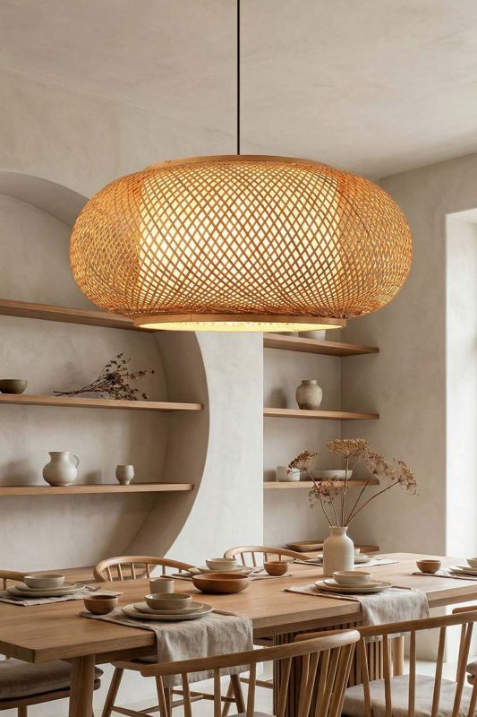 Japandi Dining Room Wide Woven Rattan Bamboo Light Neutral Decor