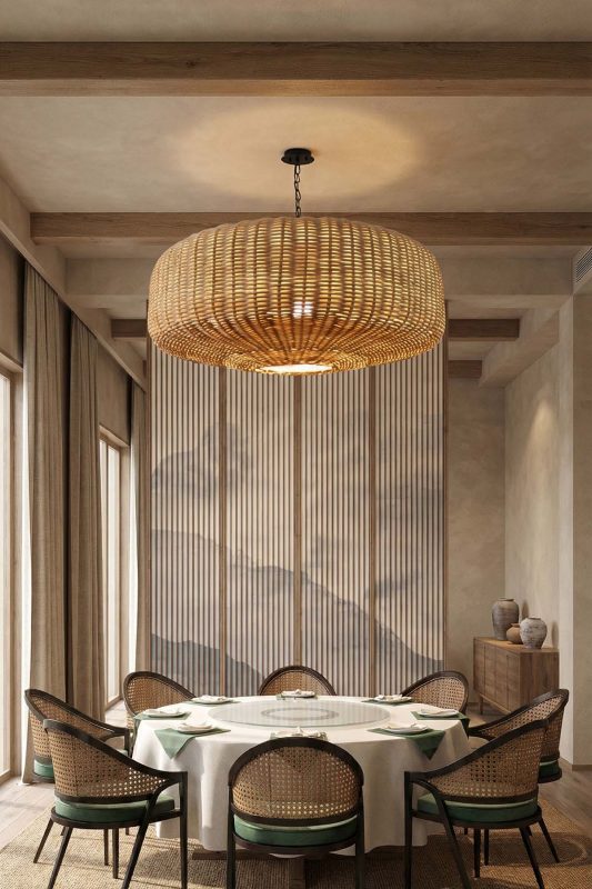 Japandi Dining Room Wide Woven Rattan Pendant Light Wooden Ceiling Interior