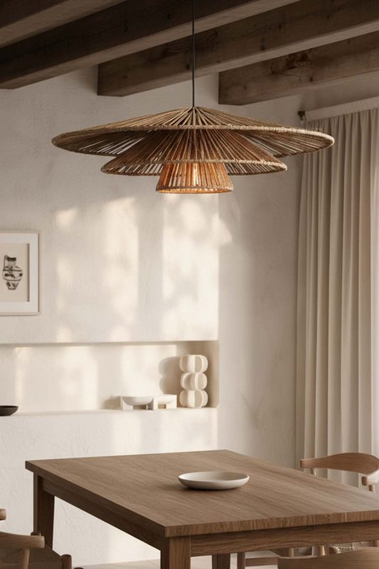 Japandi Dining Space Double Tier Woven Rattan Pendant Light Warm Wood Decor