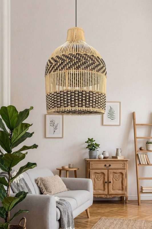 Japandi Living Room Black And Natural Woven Rattan Pendant Light Neutral Decor