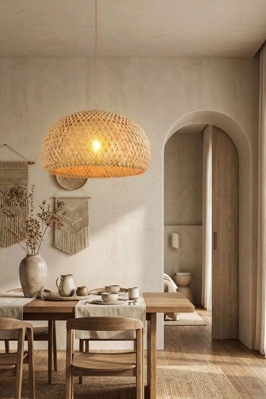 Japandi Living Room Dome Woven Rattan Pendant Light Warm Neutral Decor