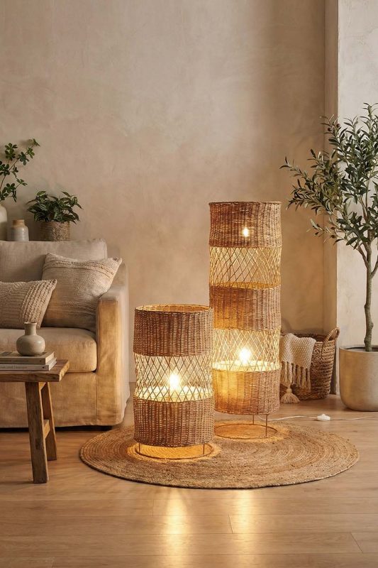 Japandi Living Room Layered Rattan Floor Lamps Natural Texture Decor