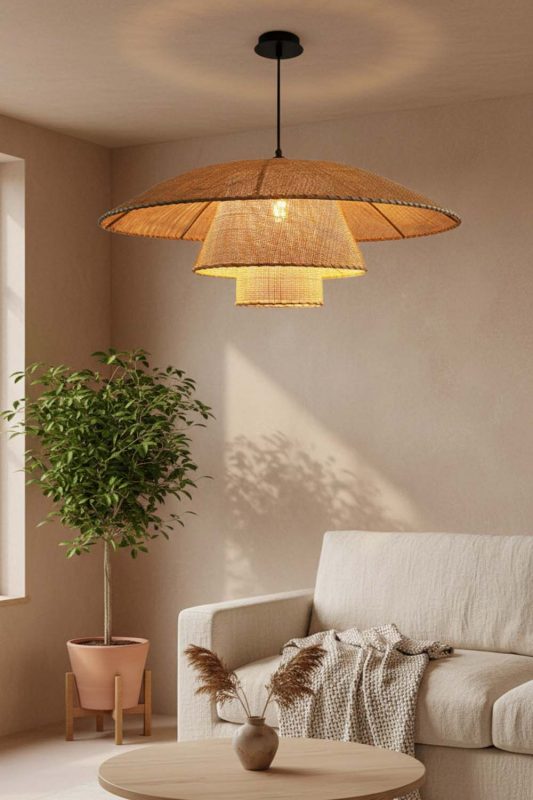 Japandi Living Room Layered Wooden Pendant Light Warm Neutral Decor