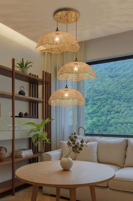 Japandi Living Room Multi Tier Woven Rattan Pendant Lights Mountain View Interior
