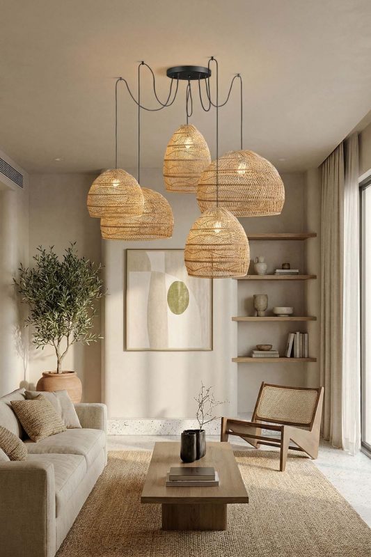 Japandi Living Room Multi Woven Rattan Pendant Lights Warm Neutral Decor